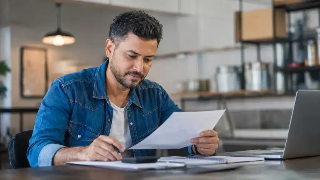 Microempreendedor analisa documentos relacionados às contribuições, representando os benefícios previdenciários destinados ao MEI.