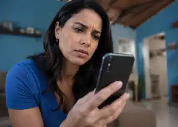 Mulher consulta celular em casa para verificar chamadas suspeitas e evitar ligações de telemarketing