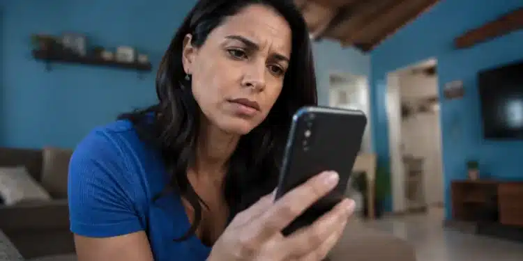 Mulher consulta celular em casa para verificar chamadas suspeitas e evitar ligações de telemarketing