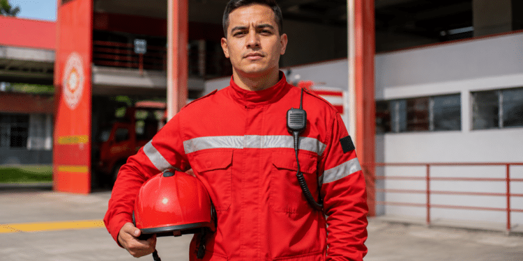 Imagem ilustrativa de bombeiro civil de uniforme vermelho e rádio de comunicação em frente a um quartel, representando a profissão amparada por lei federal