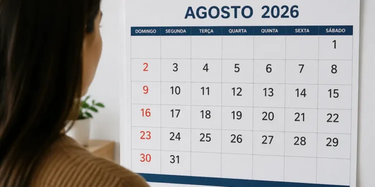 Calendário de agosto de 2026 exibido em parede, representando a consulta aos feriados e próximos dias de descanso no ano.