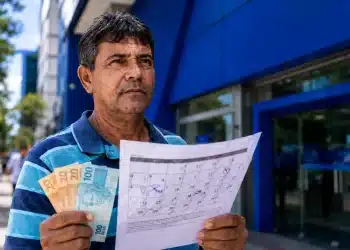 Beneficiário brasileiro segurando cédulas de real e calendário de pagamentos do INSS em frente a uma agência com fachada azul.
