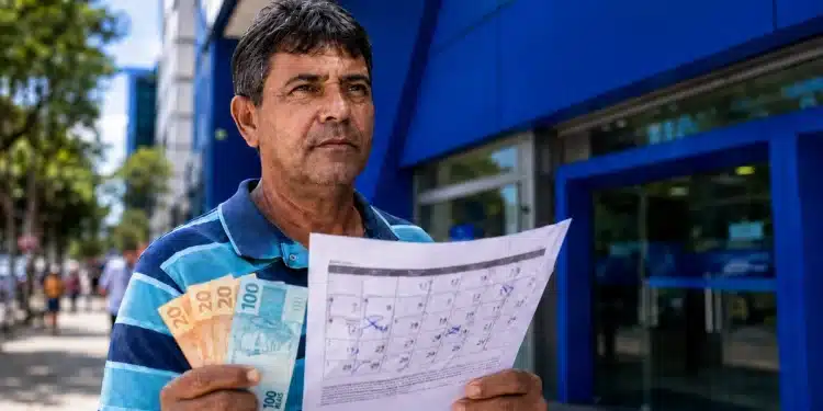 Beneficiário brasileiro segurando cédulas de real e calendário de pagamentos do INSS em frente a uma agência com fachada azul.