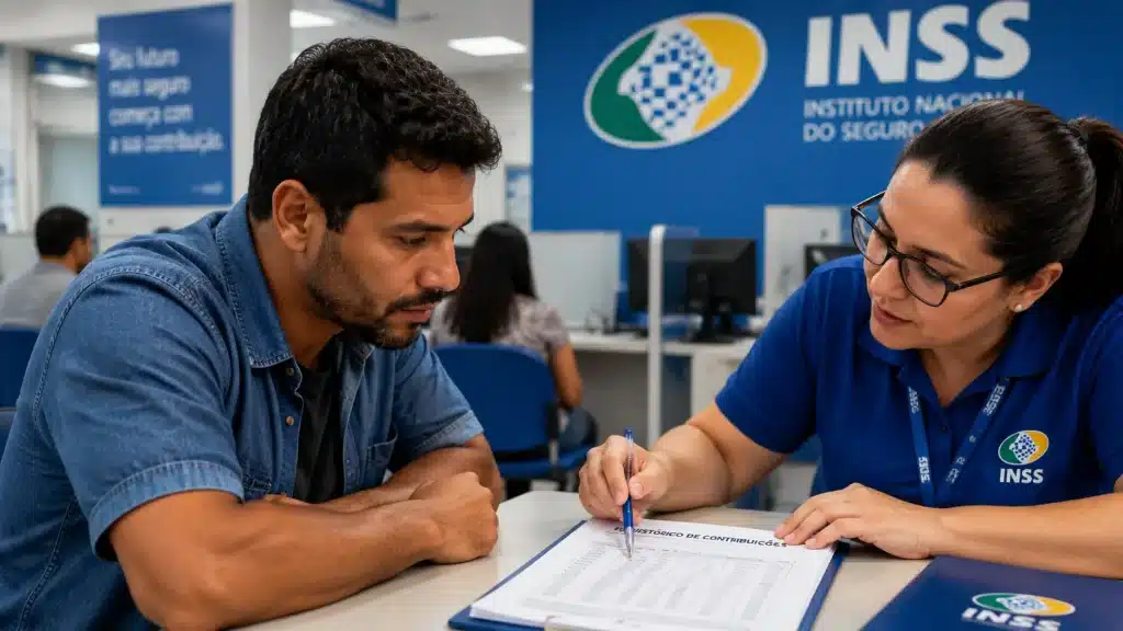 Homem em atendimento previdenciário analisando o histórico de contribuições do MEI, representando a explicação sobre a carência do INSS.