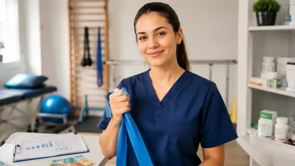 Fisioterapeuta segura faixa elástica em clínica equipada para tratamentos de reabilitação física.