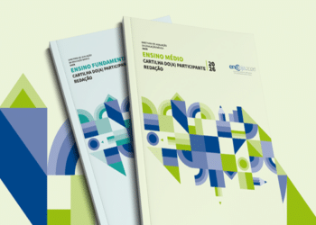 Cartilhas de redação do Encceja 2026 para ensino médio e fundamental sobrepostas com arte geométrica, simbolizando a cartilha do Encceja 2026.