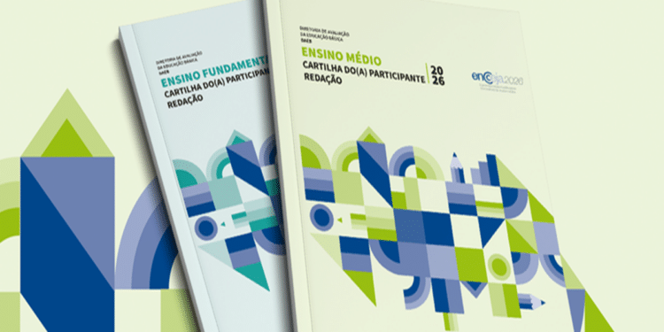 Cartilhas de redação do Encceja 2026 para ensino médio e fundamental sobrepostas com arte geométrica, simbolizando a cartilha do Encceja 2026.