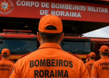 Bombeiros de Roraima em formação com fardas laranjas diante de viaturas do Corpo de Bombeiros Militar.