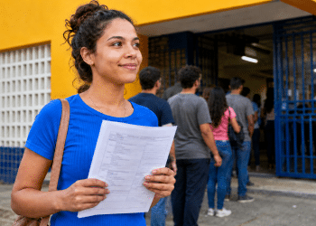 Jovem candidata segura ficha de inscrição em frente a escola com fila de pessoas para concurso público.