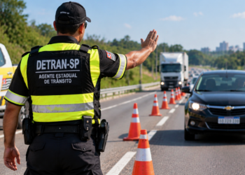 Agente estadual de trânsito do Detran-SP realiza fiscalização em rodovia com cones de sinalização.