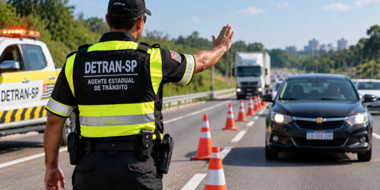 Agente estadual de trânsito do Detran-SP realiza fiscalização em rodovia com cones de sinalização.
