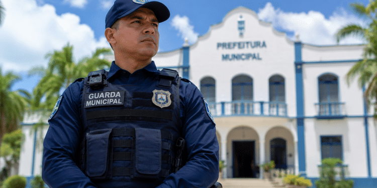Agente uniformizado da Guarda Municipal em frente ao prédio de uma prefeitura, com palmeiras ao redor
