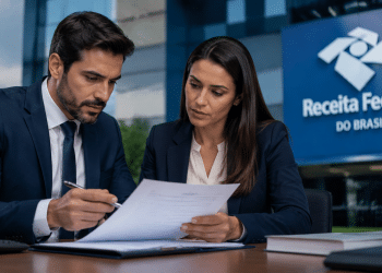Profissionais analisam documentos em escritório representando as funções de analista e auditor da Receita Federal.
