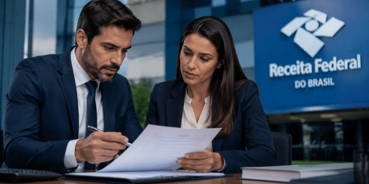Profissionais analisam documentos em escritório representando as funções de analista e auditor da Receita Federal.