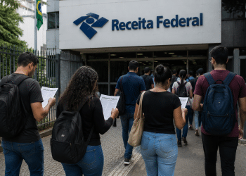 Pessoas com mochilas e documentos de concurso público caminhando em direção ao prédio da Receita Federal no Brasil.