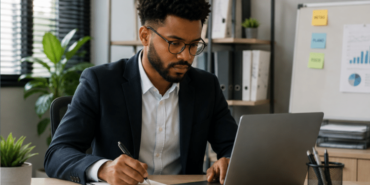 Homem estudando para concurso administrativo com notebook e documentos em escritório.