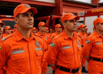 Grupo de bombeiros militares uniformizados em formação para concursos dos Corpos de Bombeiros.