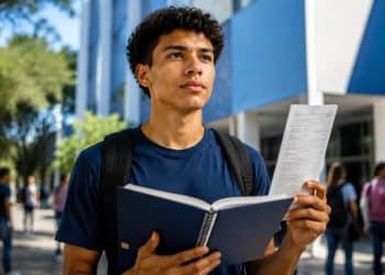 Estudante com caderno e documento em frente a uma universidade, ilustrando as condições para concorrer ao Prouni e ao Fies 2026