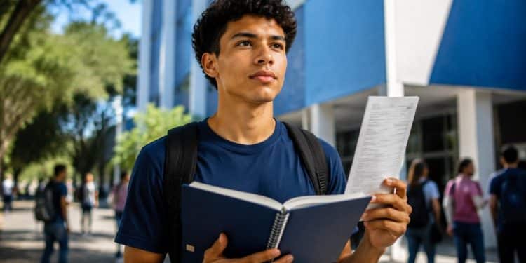 Estudante com caderno e documento em frente a uma universidade, ilustrando as condições para concorrer ao Prouni e ao Fies 2026