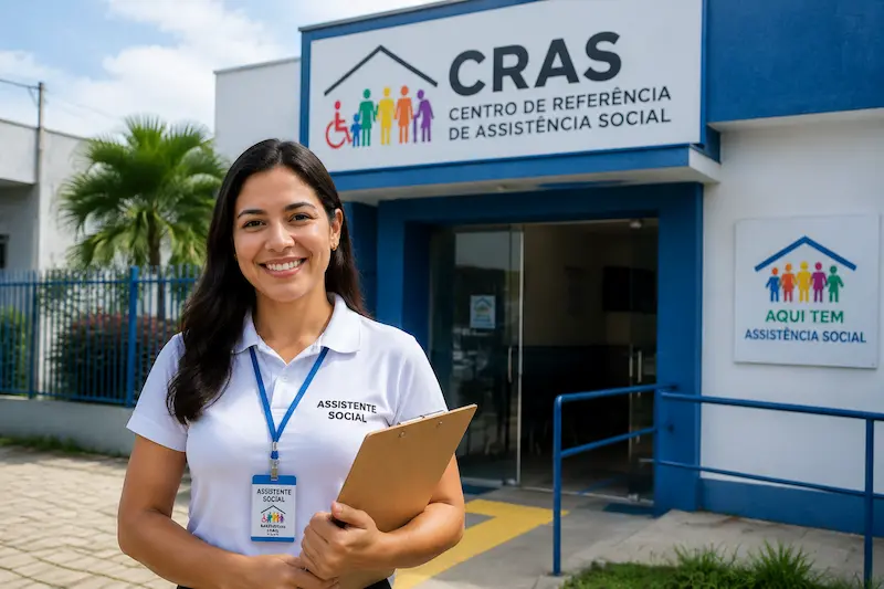 Assistente social em frente a uma unidade do CRAS durante o Dia do Assistente Social.