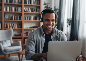 Estudante acompanha curso a distância pelo notebook usando fones de ouvido.