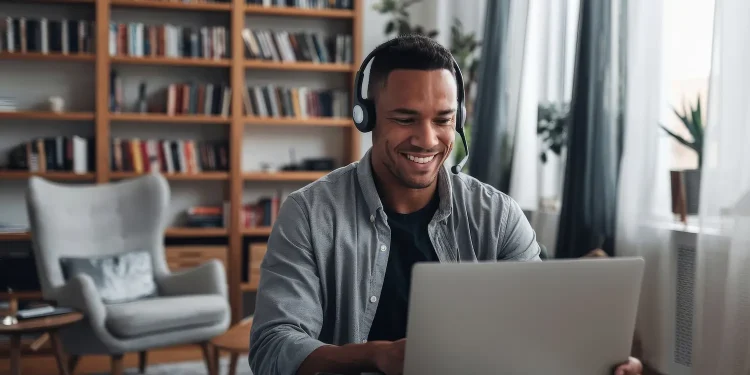 Estudante acompanha curso a distância pelo notebook usando fones de ouvido.