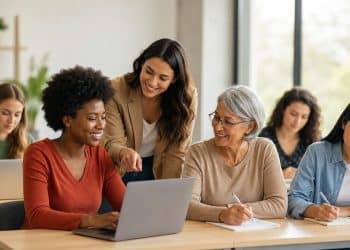 Imagem ilustrativa de mulheres de diferentes idades em sala de aula, com notebooks e cadernos sobre a mesa e uma instrutora orientando uma das alunas, representando as turmas dos cursos gratuitos de qualificação da Prefeitura do Rio