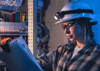 Estudante com capacete e óculos de proteção analisando projeto elétrico durante formação em cursos técnicos gratuitos na Bahia