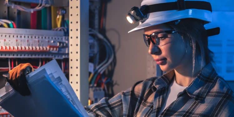 Estudante com capacete e óculos de proteção analisando projeto elétrico durante formação em cursos técnicos gratuitos na Bahia