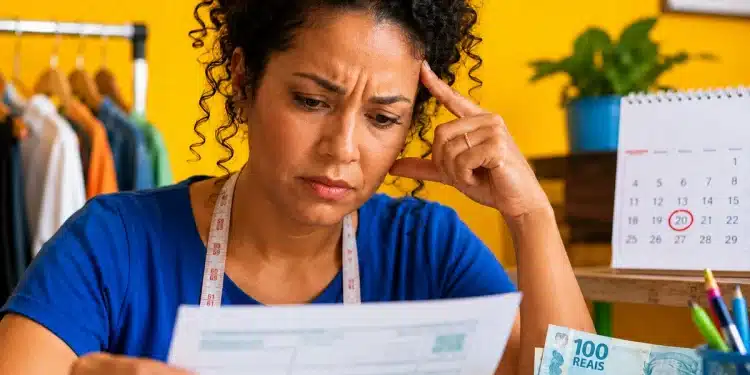 Microempreendedora analisa documentos financeiros em seu ateliê, representando a dúvida sobre se o MEI tem direito ao 13º salário.