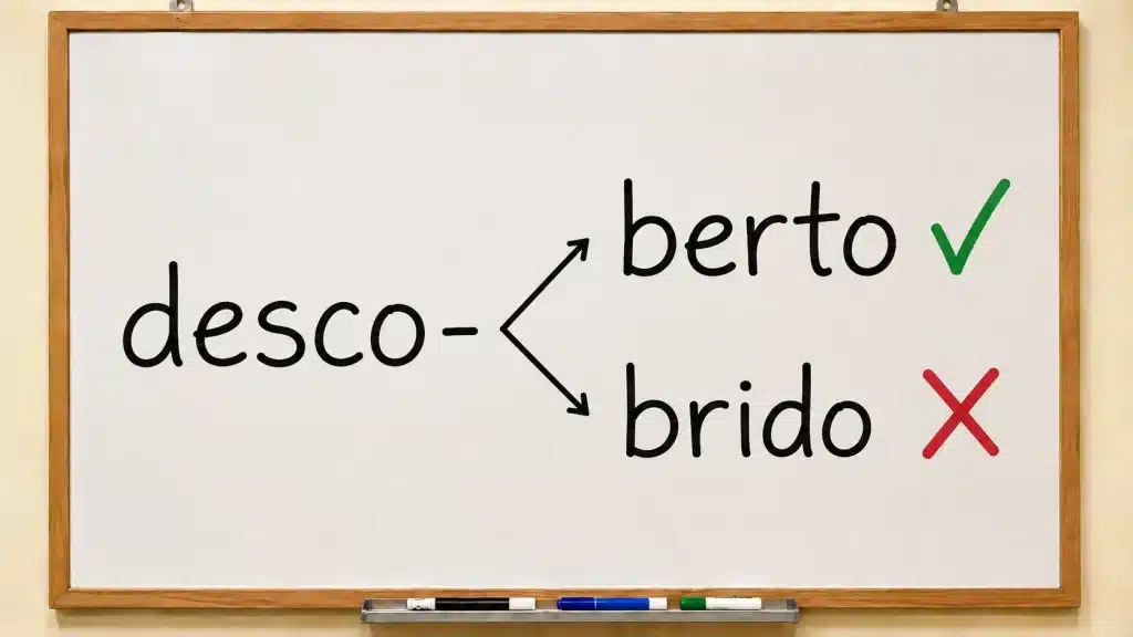 Quadro branco mostra “desco-” ligado às opções “berto” e “brido”, indicando “descoberto” como forma correta.