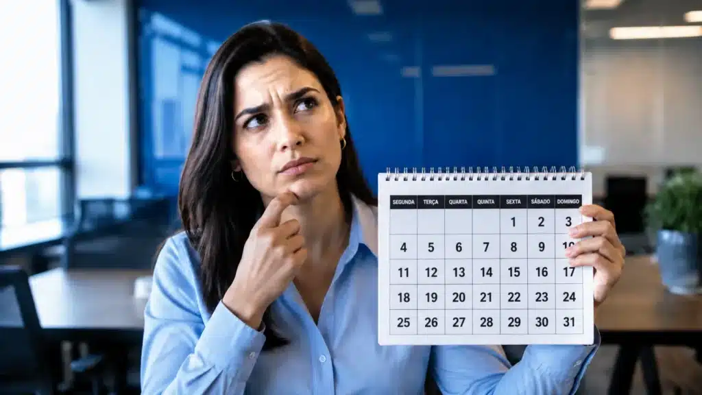Mulher analisando calendário para identificar a data correta de início das férias conforme as regras da CLT.