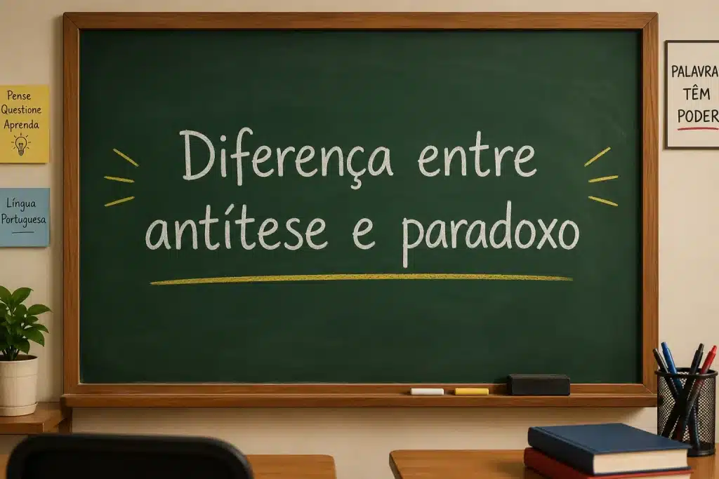 Quadro-negro com a frase “Diferença entre antítese e paradoxo” em uma sala de aula.