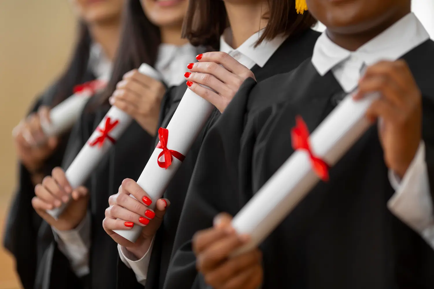 Estudantes segurando diplomas de graduação representando a validade dos cursos de faculdade e universidade.