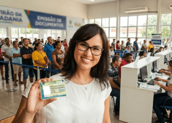 Imagem de mulher sorridente mostrando a nova carteira de identidade em um mutirão de emissão de documentos, com fila de atendimento ao fundo