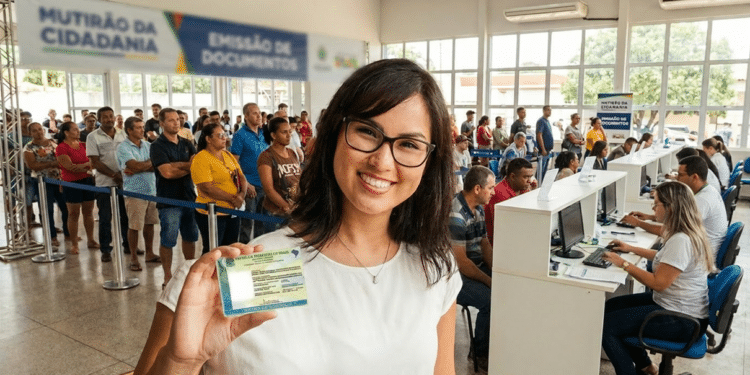 Imagem de mulher sorridente mostrando a nova carteira de identidade em um mutirão de emissão de documentos, com fila de atendimento ao fundo