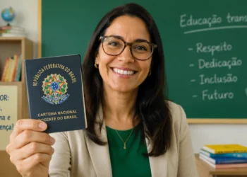 Professora segurando a Carteira Nacional Docente do Brasil em sala de aula, representando a emissão digital do documento.