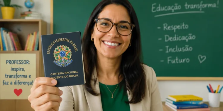Professora segurando a Carteira Nacional Docente do Brasil em sala de aula, representando a emissão digital do documento.