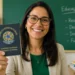Professora segurando a Carteira Nacional Docente do Brasil em sala de aula, representando a emissão digital do documento.