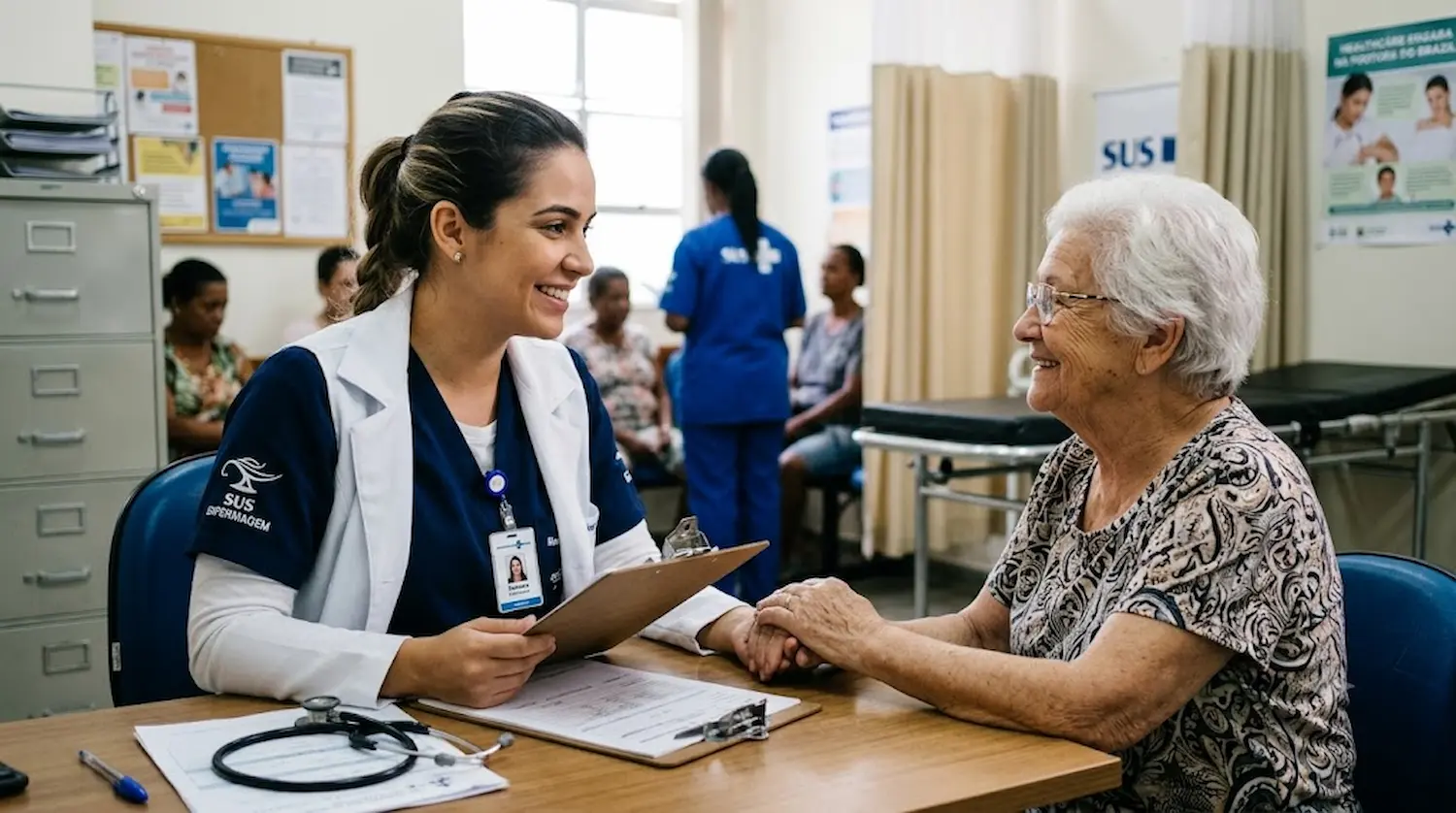Profissional de enfermagem atendendo uma paciente idosa em uma unidade de saúde.