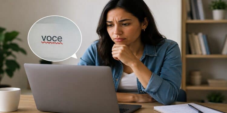 Mulher lê a tela do notebook com expressão de dúvida ao notar uma palavra sublinhada pelo corretor, imagem ilustrativa do efeito de um erro de digitação na impressão de quem recebe a mensagem