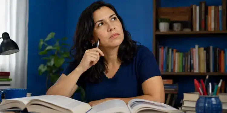Mulher consulta livros abertos enquanto reflete sobre a grafia correta de autossabotagem.