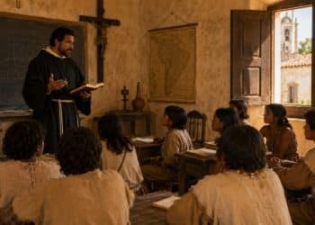 Imagem ilustrativa de religioso ensinando crianças indígenas no período colonial, tema presente nos filmes sobre o Brasil Colônia