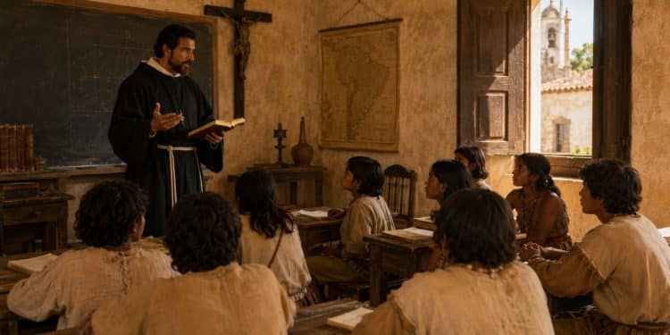 Imagem ilustrativa de religioso ensinando crianças indígenas no período colonial, tema presente nos filmes sobre o Brasil Colônia