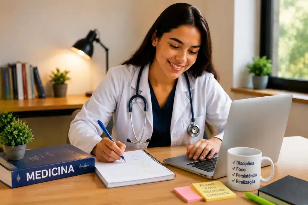 Estudante de Medicina estudando com notebook e materiais acadêmicos representando o financiamento da graduação