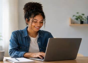 Jovem sorri enquanto estuda pelo notebook em casa, imagem que representa a matéria sobre a validade do diploma EaD e sua aceitação no mercado de trabalho