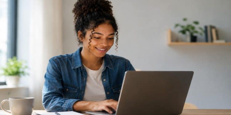 Jovem sorri enquanto estuda pelo notebook em casa, imagem que representa a matéria sobre a validade do diploma EaD e sua aceitação no mercado de trabalho