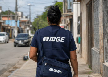 Pessoa uniformizada do IBGE caminha de costas em rua residencial durante trabalho de campo.
