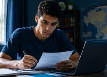 Estudante revisa documentos para a inscrição no Fies 2026 do segundo semestre, com um mapa do Brasil ao fundo representando a distribuição das vagas por estado e região.