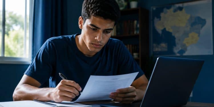 Estudante revisa documentos para a inscrição no Fies 2026 do segundo semestre, com um mapa do Brasil ao fundo representando a distribuição das vagas por estado e região.